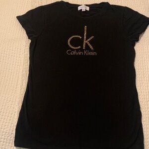 Calvin Klein Black Tee with Gold Beaded Stud Accent